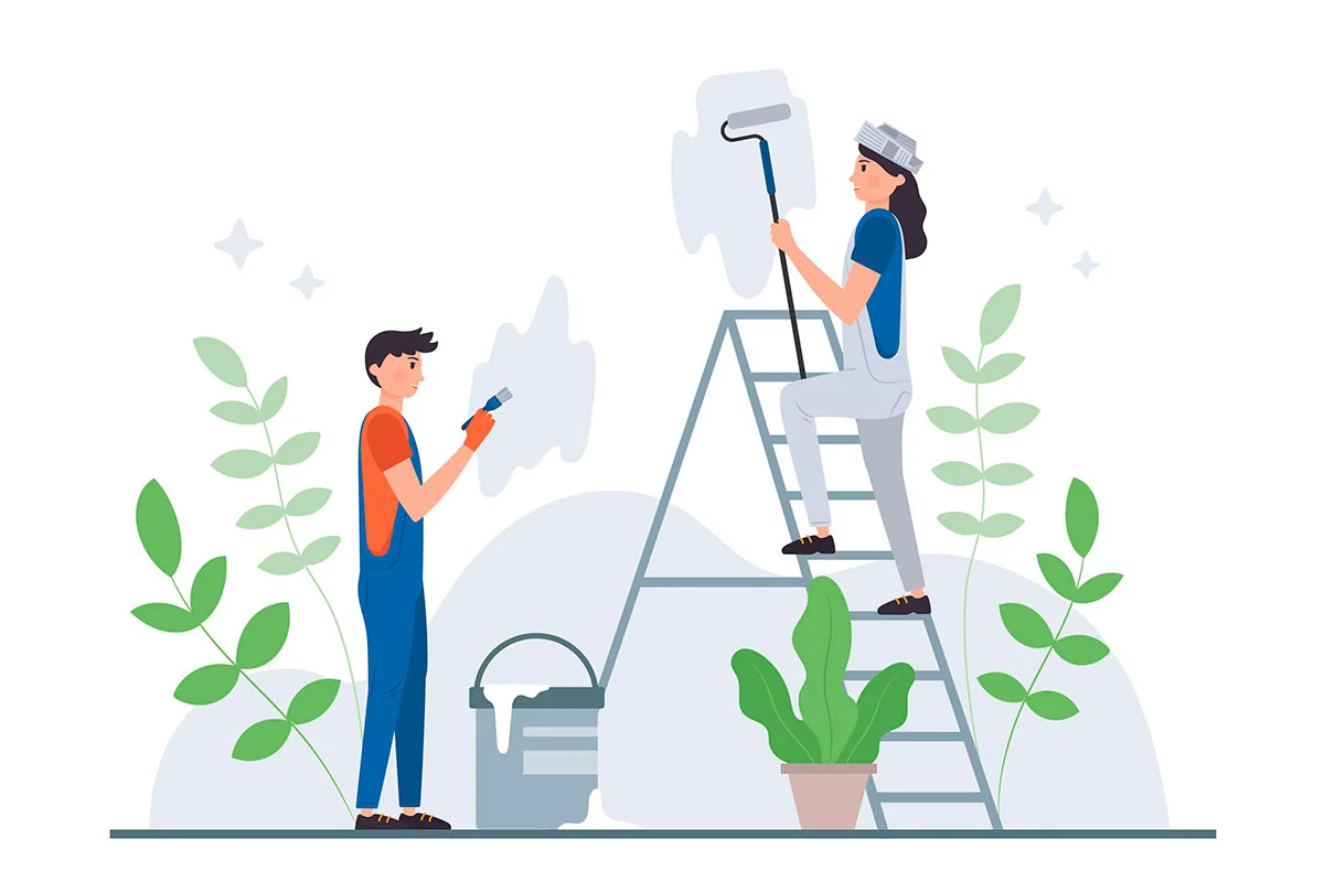 Ilustración de dos personas pintando una casa como parte del proceso de remodelación en proyectos de flipping inmobiliario con YADD Bienes Raíces